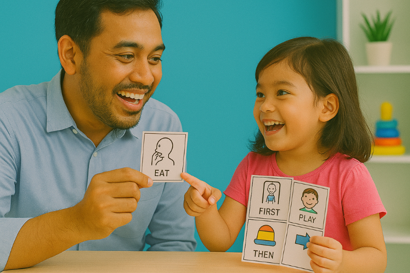 Anak menggunakan kad komunikasi