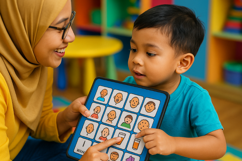 Anak menggunakan kad komunikasi